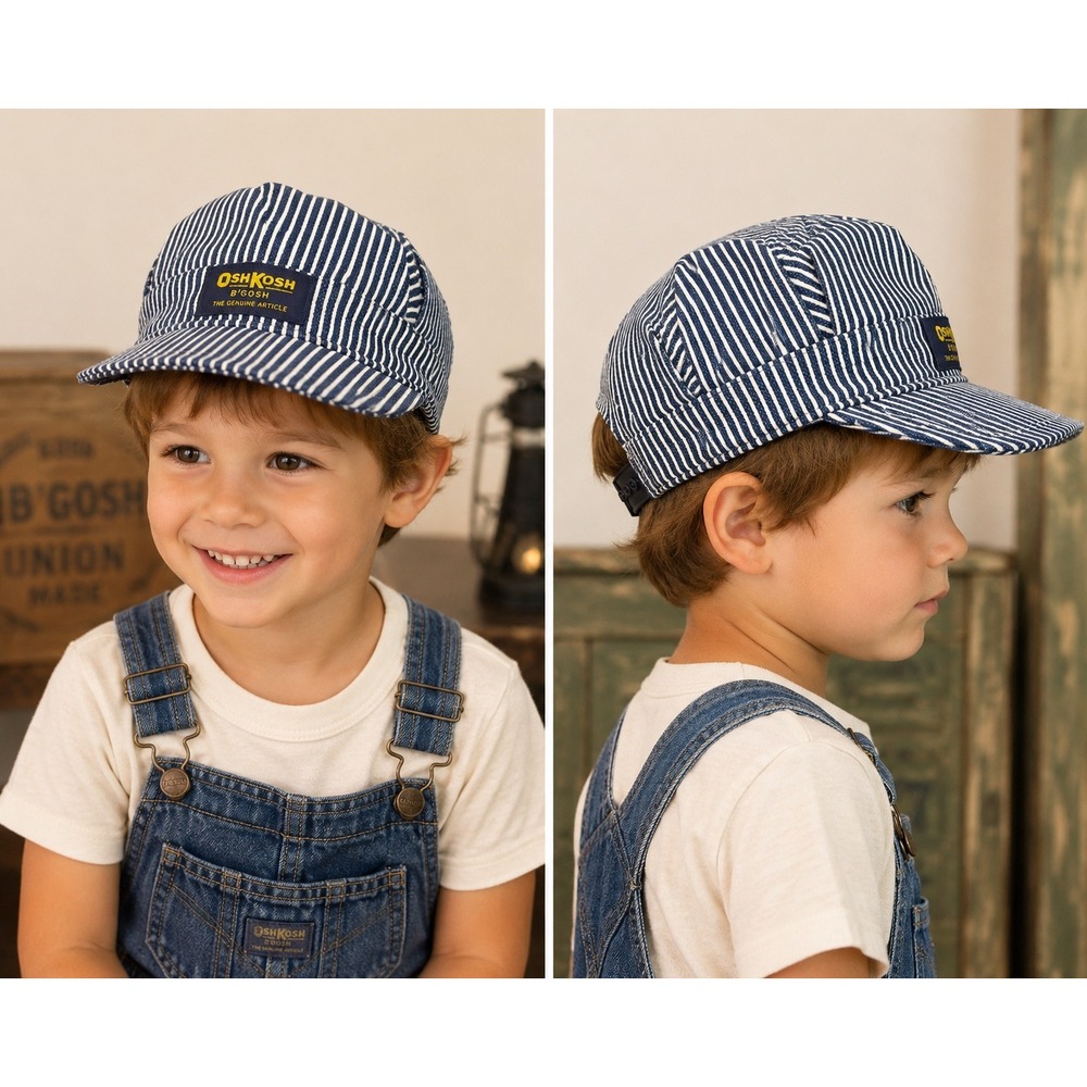 Vintage‎ OshKosh Bgosh Kids Engineer Hat Hickory Stripe Blue White Made in USA